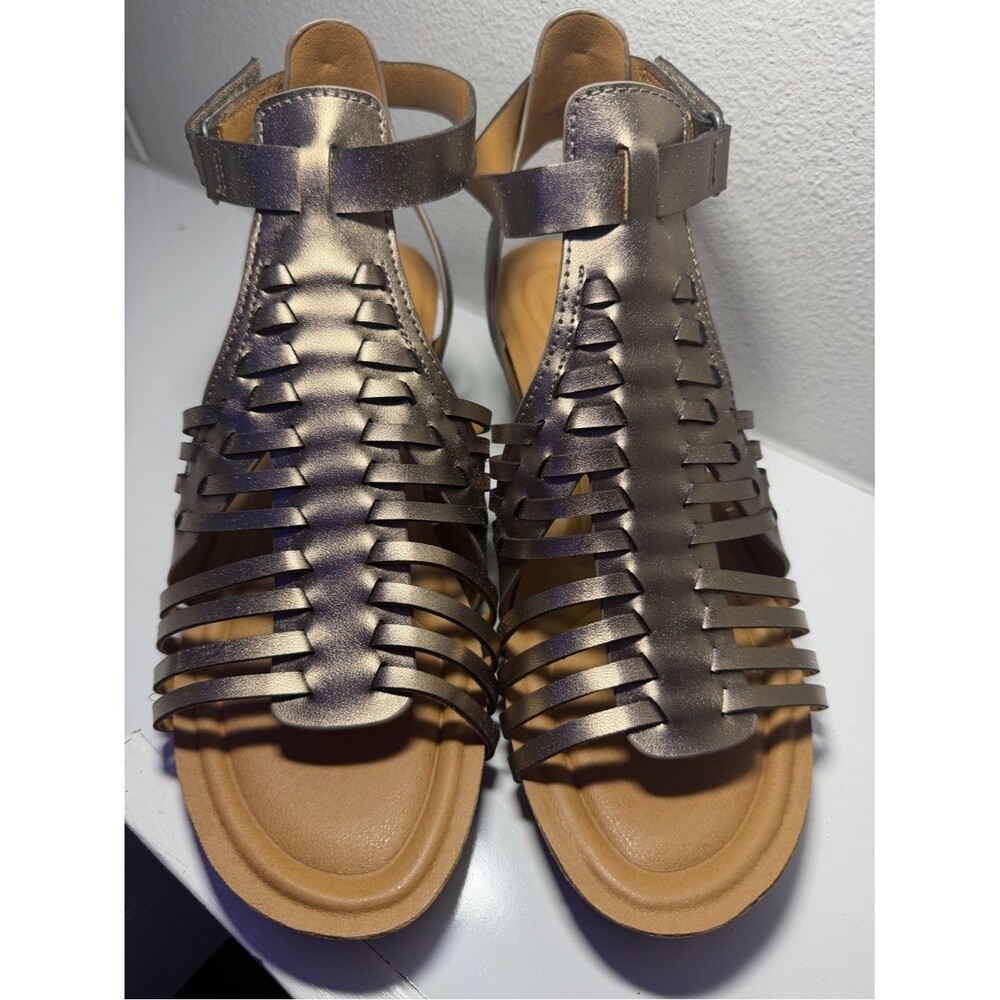 Earth Hattie Fisherman Pewter Woven T-Strap Wedge Sandals, Size 10M